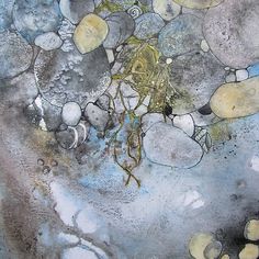 an abstract painting with rocks and water on it's surface is shown in this image