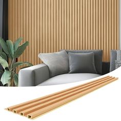 an image of a living room setting with blinds on the wall and couches in front