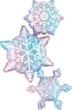 three snowflakes are shown on a white background, one is blue and the other is pink