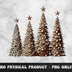 three christmas trees with gold balls and stars on them, in front of a grungy background