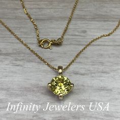 "The pendant pictured is lab created yellow sapphire #6981 -Approximate total carat weight: approx. 1.90ctw diamond equivalent -Center Stone Size: 8mm - approx. 1/90ct diamond equivalent -Center Stone Shape: round -Gem Type: lab created sapphire -Stone Clarity: VS2 -Stone Color: sweet yellow -Moh's Scale: 9 hardness -Metal Type and Purity: 14k white gold -Setting: 4 prong basket head -Chain: delicate 14k gold chain / heavier option with lobster claw available (use dropdown to select -Country of Yellow Birthstone Jewelry In Cubic Zirconia, Yellow Cubic Zirconia Birthstone Jewelry, Yellow Gold Round Cut Yellow Sapphire Jewelry, Yellow Gold Jewelry With Round Cut Yellow Sapphire, Fine Jewelry With Yellow Sapphire, Yellow Sapphire Jewelry As A Gift, Yellow Sapphire Fine Jewelry, Yellow 14k Gold Pendant Necklace, Yellow Birthstone Jewelry Round Cut