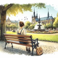 a woman sitting on a bench in front of a park with a fountain behind her