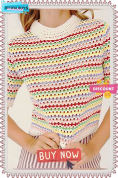 Bee Crochet Knit Top - Multi Strip Spring Crochet Crew Neck Sweater, Multicolor Pointelle Knit Sweater For Spring, Multicolor Pointelle Knit Top, Spring Multicolor Knitted Top, Multicolor Open Knit Summer Sweater, Spring Multicolor Knit Top, Multicolor Crochet Crew Neck Top, Trendy Crochet Sweater For Spring, Spring Multicolor Open Knit Top