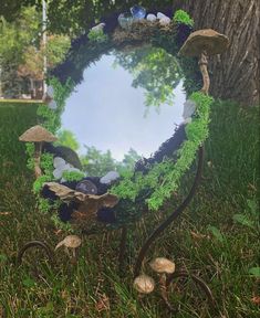 a mirror sitting in the grass with mushrooms and plants on it's sides, surrounded by trees