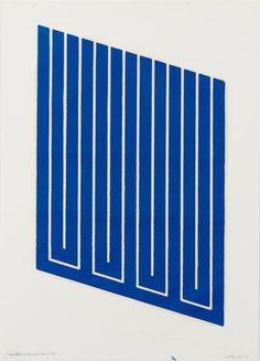 an abstract blue and white painting with vertical lines on the bottom, against a white background