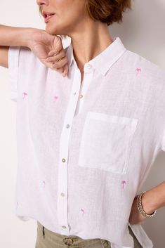 Little pink palm trees adorn this resort-ready shirt by Rails. Crafted in a breezy linen blend, this relaxed button-down features a left chest pocket and rolled short sleeves. Just add your favorite shorts and sandals. Summer Vacation Shirt With Pockets, Spring Beach Shirt With Palm Tree Print, Short Sleeve Linen Shirt For Beach Season, Relaxed Summer Vacation Shirt, Relaxed Shirt For Summer Day Out, Relaxed Summer Shirt For Day Out, Linen Shirt For Beach Occasion And Season, Summer Button-up Top With Palm Tree Print, Palm Tree Print Button-up Beach Tops