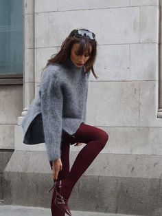 Solid Color Knitted Women's Pullover Casual Loose Side Slit Long Sleeve Round Neck Sweater Fashion Red Turtle Neck Outfit Aesthetic, Red Leggings Outfit Winter, Burgundy Boots Outfit Winter, Burgundy Sweater Outfit Winter, Burgundy Sweater Dress Outfit, Red Turtle Neck Outfit, Old Money Christmas Outfit, Turtle Neck Outfit Aesthetic, Gray Tights Outfit