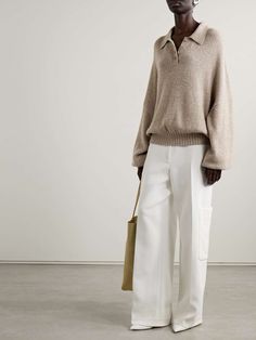 KHAITE Rene oversized cashmere polo sweater | NET-A-PORTER Oversized Collared Classic Sweater, Classic Oversized Collared Sweater, Chic Cashmere Polo Sweater With Ribbed Collar, Luxury Beige Sweater For Workwear, Luxury Beige Sweater For Work, Chic Wool Polo Sweater For Winter, Chic Winter Wool Polo Sweater, Classic Oversized Polo Sweater With Ribbed Collar, Chic Cashmere Polo Sweater For Winter