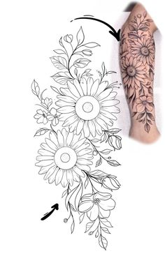 an arm tattoo with flowers on it and arrows pointing up to the right, in front of