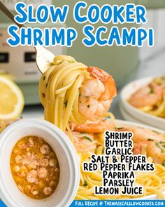 the cover of slow cooker shrimp scampi