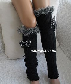 Dark Grey Leg Warmers Grey fur Polka dot Ribbon by CarnavalShop Winter Knitted Socks For Stocking Stuffers, Winter Acrylic Socks, Winter Knitted Socks For Cold Weather, Thick Acrylic Socks For Winter, Thick Acrylic Winter Socks, Knee-high Socks For Winter Stocking Stuffer, Cozy Knitted Winter Stockings, Fitted Black Socks For Gift, Winter Knitted Acrylic Socks