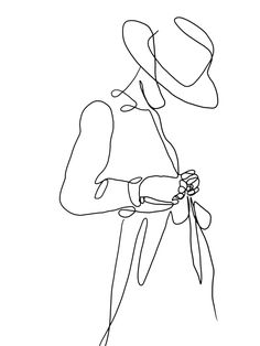 a continuous drawing of a person with a hat on their head and holding a string