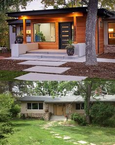 before and after pictures of a small modern home in the suburbs, then on the outside