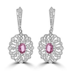 JULEVE 18KT 1.45 CTW SAPPHIRE & 0.77 CTW DIAMOND HALO DROP EARRINGS Pink Diamond Jewelry, Diy Jewelry Necklace, Padparadscha Sapphire, Diamond Collection, Luxury Earrings, Tiffany Jewelry, Oval Earring, Women Diamond, Gorgeous Jewelry