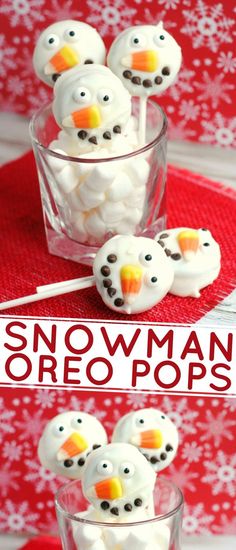 snowman oreo pops with marshmallows in the middle and on top