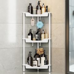 a bathroom shelf with bottles and soaps on it