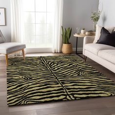 a zebra print rug in a living room