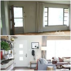 before and after pictures of a living room with white walls, windows, and furniture