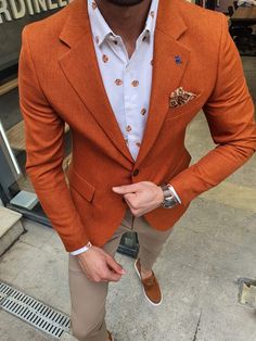 Orange Blazer Outfits Men, Blazer Outfits Men, Orange Blazer, Cinnamon Color, Slim Fit Blazer, Mens Fashion Blazer, Designer Suits For Men, Slim Fit Blazers, Fashion Suits For Men