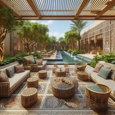 an outdoor living room with couches, tables and water feature in the center surrounded by greenery