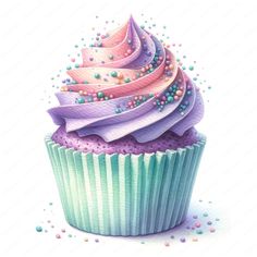 a cupcake with purple frosting and sprinkles on it's side