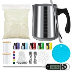 the contents of a coffee maker including measuring cups, spoons and other kitchen gadgets