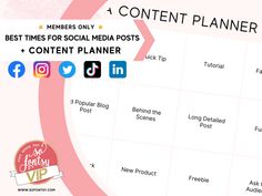 the content planner for social media posts is shown in pink and white, with icons on it