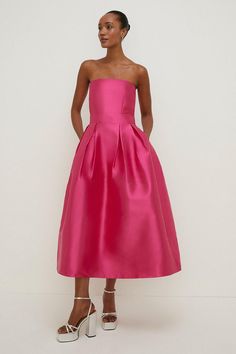 Style: Midi DressDesign: PlainFabric: SatinLength: MidiNeckline: Off the ShoulderSleeve Length: Sleeveless Bright Pink Wedding Guest Dress, Fun Wedding Guest Dress, Pink Dress Wedding Guest, Pink Wedding Guest Dress, Pink Wedding Guest Dresses, Hope Fashion, Midi Wedding Dress, Bright Pink Dresses, Maxi Dress Designs