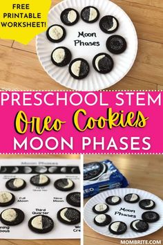 Want to help your preschool child learn phases of the moon? This delicious Oreo Cookies Moon Phases activity will certainly engage your curious preschooler while they learn all about the various phases of the Moon! #preschoolSTEAMactivity #ediblefoodscience Phases Of The Moon Preschool, Oreo Moon Phases Printable Free, Moon Snacks, Moon Phases Kindergarten Activities, Moon Phases With Oreos, Oreo Phases Of The Moon Printable, Oreo Moon Phases Activity, Moon Phases Experiment, Oreo Moon Phases