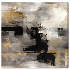 an abstract painting with black and gold colors