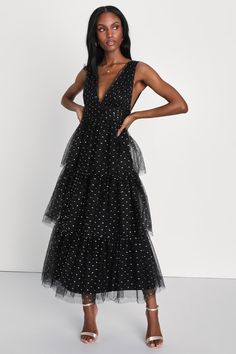 Black Tiered Midi Dress - Shiny Dot Maxi Dress - Tulle Dress - Lulus Bridal Shower Guest Outfit, Voluminous Skirt, Fall Fashion Skirts, Tulle Midi Dress, Casual Formal Dresses, Long Midi, Rose Gold And Silver, Casual Wedding Dress, Textured Dress