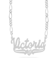 This Name Pendant with Diamond cut "Victoria" is available in either: Silver Plated Gold Plated Sterling Silver and 14K Gold over Sterling Silver. You can choose up to 10 characters (Letters only, NO numbers or special characters).Finished with diamond cuts on heart. Anniversary Silver Name Necklace With Figaro Chain, Silver Name Necklace With Figaro Chain As Gift, Silver Name Necklace With Figaro Chain For Gift, Silver Figaro Chain Nameplate Necklace, Silver Figaro Chain Name Necklace As Gift, Silver Customized Nameplate Heart Necklace, Customized Silver Nameplate Heart Necklace, Customized Silver Heart Necklace, Custom Silver Heart Necklace