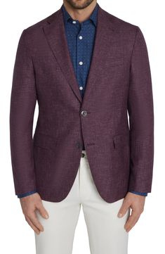 A houndstooth check woven in dusky purples distinguishes a sport coat crafted from Italian wool with a softer profile that's ideal for semiformal occasions. 29 1/2" length (size 40R) Notched lapels Nonfunctional four-button cuffs Side vents Chest welt pocket; front flap pockets Partially lined 99% wool, 1% elastane Dry clean Made in Canada Burgundy Sport Coat Outfit Men, Purple Business Outerwear For Spring, Purple Notch Lapel Blazer For Business, Spring Business Blazer In Purple, Spring Purple Business Outerwear, Purple Single Breasted Outerwear For Business, Business Purple Outerwear With Lapel Collar, Purple Business Outerwear With Lapel Collar, Classic Purple Blazer For Business