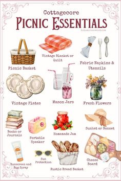 a poster with the words picnic essentials in english and spanish, including bread, watermel