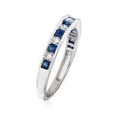 Ross-Simons - .50ct t. w. Sapphire, .22ct t. w. Diamond Ring in 14kt White Gold. Size 8. A beautiful September birthstone gift or the perfect ring for any sapphire lover! Alternating .50 ct. t. w. square sapphires and .22 ct. t. w. round brilliant-cut diamonds together create a stunning look! Set in polished 14kt white gold. 1/8" wide. Diamond and sapphire ring. Sapphire birthstones are the perfect gift for September birthdays. Diamond Sapphire Ring With Channel Set For Anniversary, Channel Set Sapphire Ring With Diamond For Anniversary, Sapphire Ring With Channel Set Diamonds For Anniversary, Classic Sapphire Ring With Pave Setting For Anniversary, Anniversary Sapphire Ring With Channel Set Diamonds, Anniversary Sapphire Ring In Channel-set Platinum, Anniversary Platinum Sapphire Ring Channel Set, Anniversary Sapphire Ring Channel Set In Platinum, Formal Diamond Sapphire Ring Channel Set