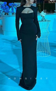 The L2190 floor-length evening dress is perfect for a special event. Crafted from luxurious satin fabric, this dress shows off sophisticated fitted scoop empire design with long sleeves. The empire-inspired silhouette adds elegance and sophistication. Long Sleeve Black Dinner Dress, Long Dresses Elegant Glamour, Black Women In Long Dresses, Sophisticated Black Dress, Black Dress Looks Classy, Elegant Floor Length Dress, Evening Dinner Gown, Classy Gowns Elegant, Long Dinner Dresses