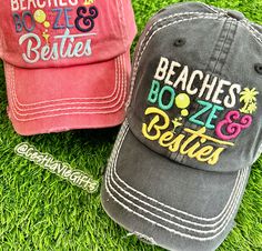 ️ Beaches Booze & Besties Hat - Baseball Cap or Hat! Distressed  * Pink  * Black * Light Turquoise  * Light Khaki Great gift for friends! ️ Beach Hat, Vacation, Baseball Hat, Cap, Lake, Crazy Hair, Trucker Hat, Mom, Mother, Mother's Day.... VACAY ALL DAY with your besties! 😎☀️ Beach Visor Hat With Letter Print, Letter Print Visor Hats For The Beach, Beach Snapback Visor Hat With Letter Print, Brimmed Dad Hat For Summer Beach, Summer Beach Baseball Cap, Pink Beach Trucker Hat, Beach Trucker Hat With Visor And Letter Print, Fun Visor Trucker Hat For Beach, Pink Brimmed Trucker Hat For Beach