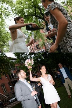 the bride and groom are drinking champagne outside