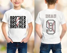 This cute Custom Baseball Brother Shirt is the cutest shirt to support his brother during his baseball season games! This shirt Features brother's baseball name and number on the back of her shirt, with Brother on the front with the baseball look. This Little kid Brother Baseball game shirt will sure to make his brother smile in support of his Big Brother Baseball Shirt. These Toddler Boy Baseball Sibling Tee comes in a variety of sizes and colors to show off his Baseball Bro Shirt to his brother and the crowd! ║ ABOUT OUR TODDLER, YOUTH AND INFANT SHIRTS ║ ◆ Sizes offered: See the Sizes we offer per the drop down menu ◆ Material: 100% Soft Cotton for the T-shirts and bodysuits ◆ Style: Unisex gender neutral clothing ◆ Care: Machine wash cold, inside out with like colors. Tumble dry low. ◆ Brother Baseball Shirts, Baseball Brother Shirt, Customizable White T-shirt For Baseball Season, Baseball Season Team Name Fan Gear Shirt, White Baseball Season Shirt With Team Name, School Spirit Baseball Jersey For Baseball Season, White Number Print Top For Baseball Season, White Top With Number Print For Baseball Season, White Baseball Jersey For School Spirit