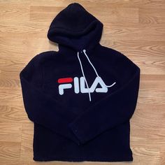 Fila Soft Sherpa/Fleece Hoodie. Navy Blue. Super Warm And Cozy. Worn Once. Just Needs To Be Lint Rolled From Being Near Another Sweater Otherwise It’s Basically In Brand New Condition. Navy Winter Sweatshirt With Adjustable Hood, Blue Hoodie With Double-lined Hood For Cold Weather, Blue Hoodie With Drawstring For Cold Weather, Blue Fleece Hoodie For Cold Weather, Navy Fleece Sweatshirt For Winter, Sherpa Fleece, Colorful Hoodies, Fleece Hoodie, Warm And Cozy