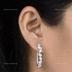 "Make yourself trendy and stylish with this 18k White Gold Earrings glittering with Diamond that will add majestic charm and elegance to your look. Exquisitely designed, this Earrings will provide you a classy look. ✧✧Welcome To Our Shop Spectrum Jewels India✧✧ \"\"Astonishing 18k White Gold Natural Brilliant Cut Diamond Earrings, Beautiful Bridal Hoop Earrings, Anniversary Jewelry Gift For Wife\"\" ★PRODUCT SPECIFICATION★ * ITEM CODE - SEE-1911A * METAL - 18k White Gold * 18k White Gold Weight : 5.95 gm  * GROSS WEIGHT - 6.69 gm Approx * MAKING - Handmade ★MAIN STONE DETAILS★ * STONE NAME:- Diamond * STONE SHAPE:- Pear * DIAMOND WEIGHT:- 3.71 Carat * AVERAGE DIAMOND CLARITY :- SI1-S2  * DIAMOND COLOR :- H-I * SETTING USED:- Prong * STONE COLOR:- White * STONE TREATMENT:- Natural ≫ FAQ bel Modern White Diamond Hoop Earrings, Diamond White Diamond Hoop Earrings For Party, Elegant White Huggie Earrings With Diamond Accents, White Diamond Hoop Earrings For Formal Occasions, Modern Huggie Diamond Earrings For Wedding, White Gold Teardrop Huggie Earrings For Anniversary, Modern Cubic Zirconia Earrings With Halo Design, Formal White Diamond Hoop Earrings, Formal White Hoop Earrings With Prong Setting