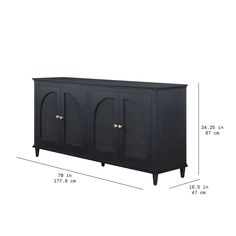 the sideboard is shown with measurements for each item and it has three doors that are open