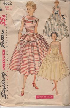 This "Simple to Make"  dress is sleeveless and has a fitted bodice and full gathered skirt.  View 1, evening length dress, has a ribbon belt.  View 2 has contrasting bias trim and bows on bodice and skirt.  View 3 is styled with two rows of lace insertion trim on bodice and skirt. CONDITION Pattern: cut and complete Envelope: poor-torn and taped on front, tears on seams and corners, yellow with age Sleeveless Dress With Gathered Skirt And Fitted Bodice, Fitted Vintage Dress With Ruched Bodice, 1950s Style Dresses With Pleated Fitted Bodice, Vintage Fitted Dress With Ruched Bodice, Vintage A-line Dress With Pleated Bodice, Vintage Wedding Dress With Ruched Bodice, Vintage Ball Gown Dresses For Vintage Events, Vintage Fashion Tea Length Dress With Fitted Bodice, 1950s Style Dresses With Fitted Bodice And Lined