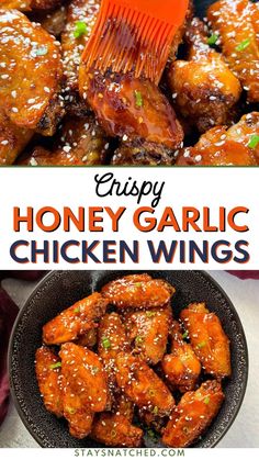 honey garlic chicken wings in a skillet with the words crispy honey garlic chicken wings