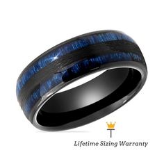 men's wedding band with black ceramic and blue wood inlay