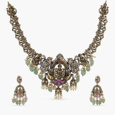 Sarvani Laxmi Temple Necklace Set Temple Necklace, Divine Goddess, Goddess Lakshmi, Cz Necklace, Charm Making, The Divine, Custom Necklace, Cz Stone, Antique Gold