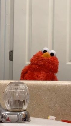 the sesame character is sitting in front of the bathroom mirror with his eyes wide open