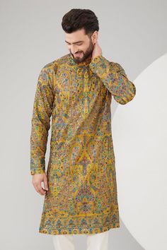 Mustard yellow georgette kurta with kashmiri thread and kalamkari embroidery. - Aza Fashions Georgette Kurta, Kurta For Men, Dia Mirza, Sara Ali Khan, Kareena Kapoor Khan, Madhuri Dixit, Luxury Sale, Shraddha Kapoor, Katrina Kaif