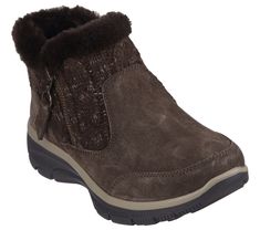 Stay comfy all season long with Skechers Relaxed Fit Easy Going - Cozy Inn. This zip bootie features a treated 3M Scotchgard suede upper with a sweater-knit trim, faux-fur lining, and a cushioned Skechers Air-Cooled Memory Foam insole. | Skechers Women's Relaxed Fit: Easy Going - Cozy Inn Boots | Medium Width | Skechers Air-Cooled Memory Foam cushioned comfort insole | Relaxed Fit for a roomy comfort fit at toe and forefoot | Treated with 3M Scotchgard to resist water and stains | Suede upper wi Cozy Inn, Shoe Technology, Skechers Relaxed Fit, Wide Shoes, Skechers Women, Skechers Shoes, Easy Going, Sweater Knit, Brown Fashion