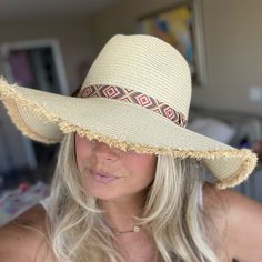 Stylish Daytime Beach Hat To Shade Your Face From The Sun. Neutral In Color With Adjustable Inner Strap To Adjust To Your Proper Head Size. Trendy Aztec Band Around Hat (Rust, Mustard, Teal And Cream). Rafia On The Edge Of Hat All The Way Around Hat. Rafia Is 100% Natural And Biodegradable. Bohemian Lightweight Panama Hat For Travel, Lightweight Bohemian Panama Hat For Travel, Beige Summer Sun Hat For Vacation, Casual Straw Hat For Beach Season Vacation, Casual Straw Hat For Beach Vacation, Bohemian Lightweight Sun Hat For Travel, Lightweight Bohemian Sun Hat For Travel, Bohemian Panama Hat For Beach Season Travel, Beige Straw Hat For Vacation Beachwear